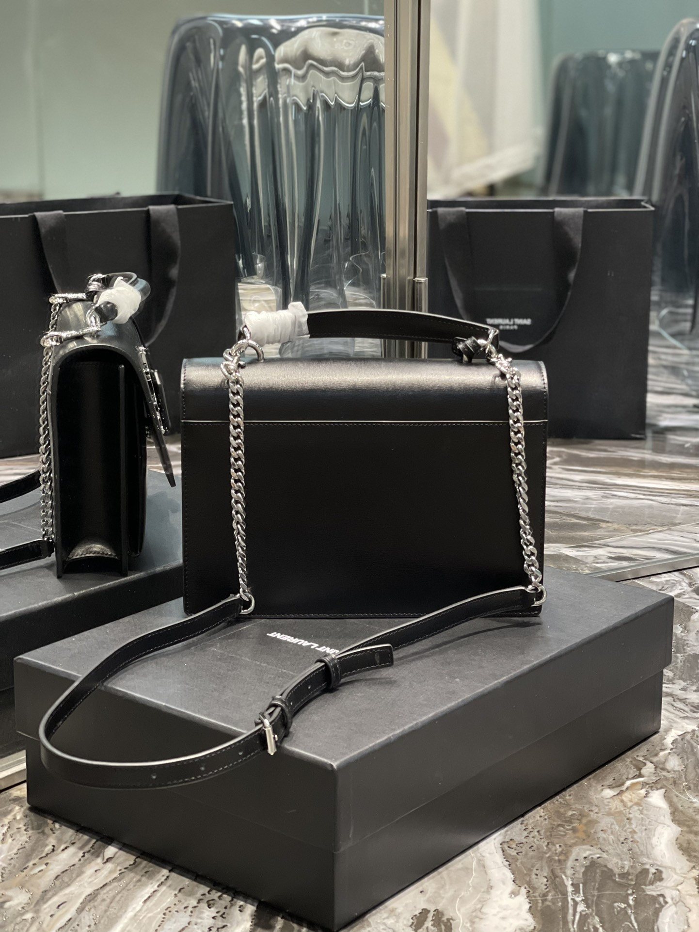 Ysl Sunset Medium Top Handle In Smooth Leather